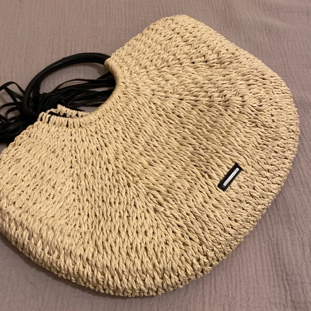 Rebecca Mincoff Stylish Black and Tan Straw Pom Pom Women's Handbag